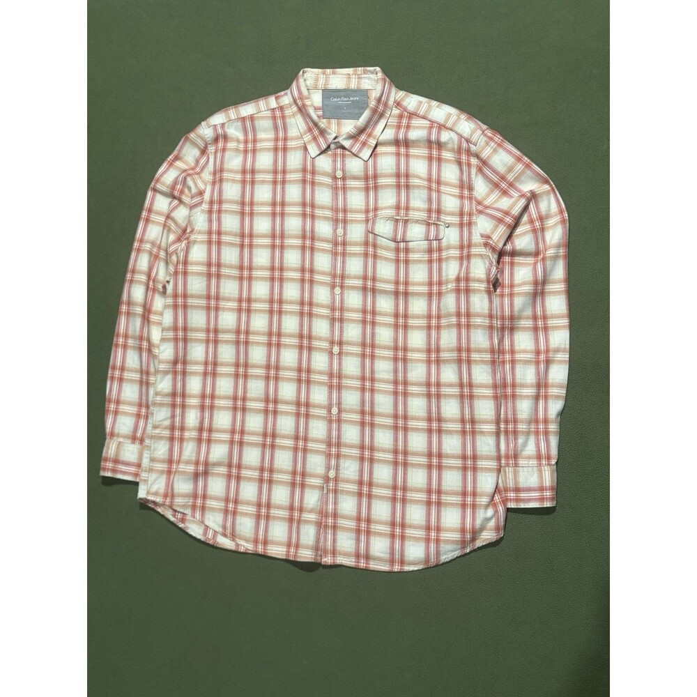 Calvin Klein Jeans Plaid Button Down Shirt Mens Size L Orange White Long Sleeve